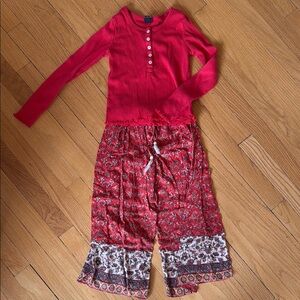 Girls Red Long Sleeve Top and Floral Pants Set